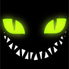 A black icon with only glowing green cat eyes and a big sharp toothy grin.